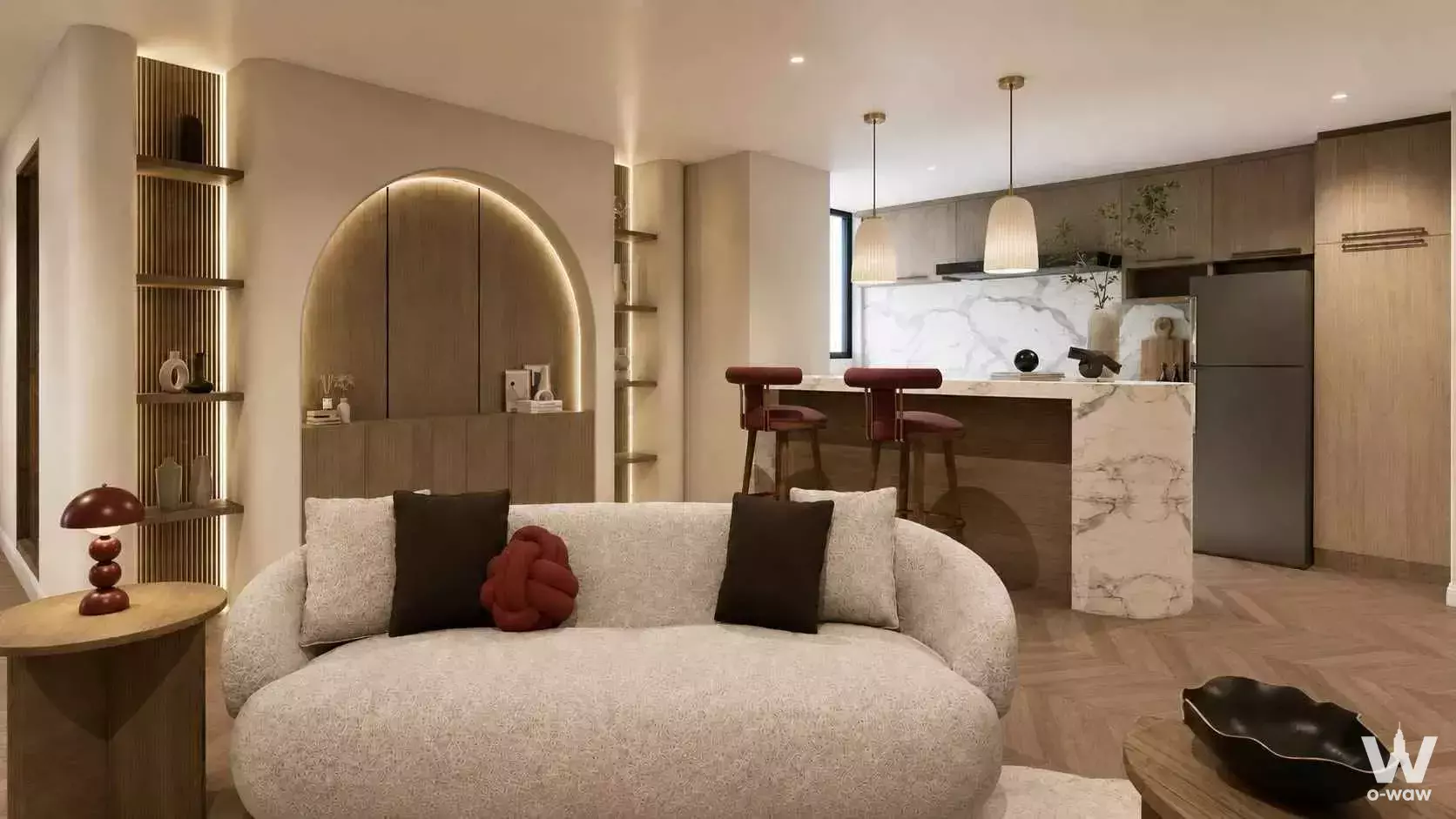 Modern living room with herringbone floors and arched niche in 2-bed condo for sale at Tai Ping Towers Bangkok