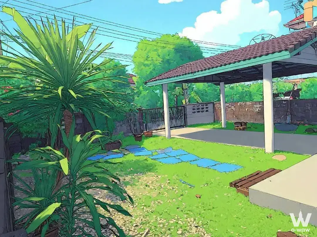 Exterior of 3-bed house for sale in Sammakorn Nimitmai showing green lawn, carport, and blue stepping stones