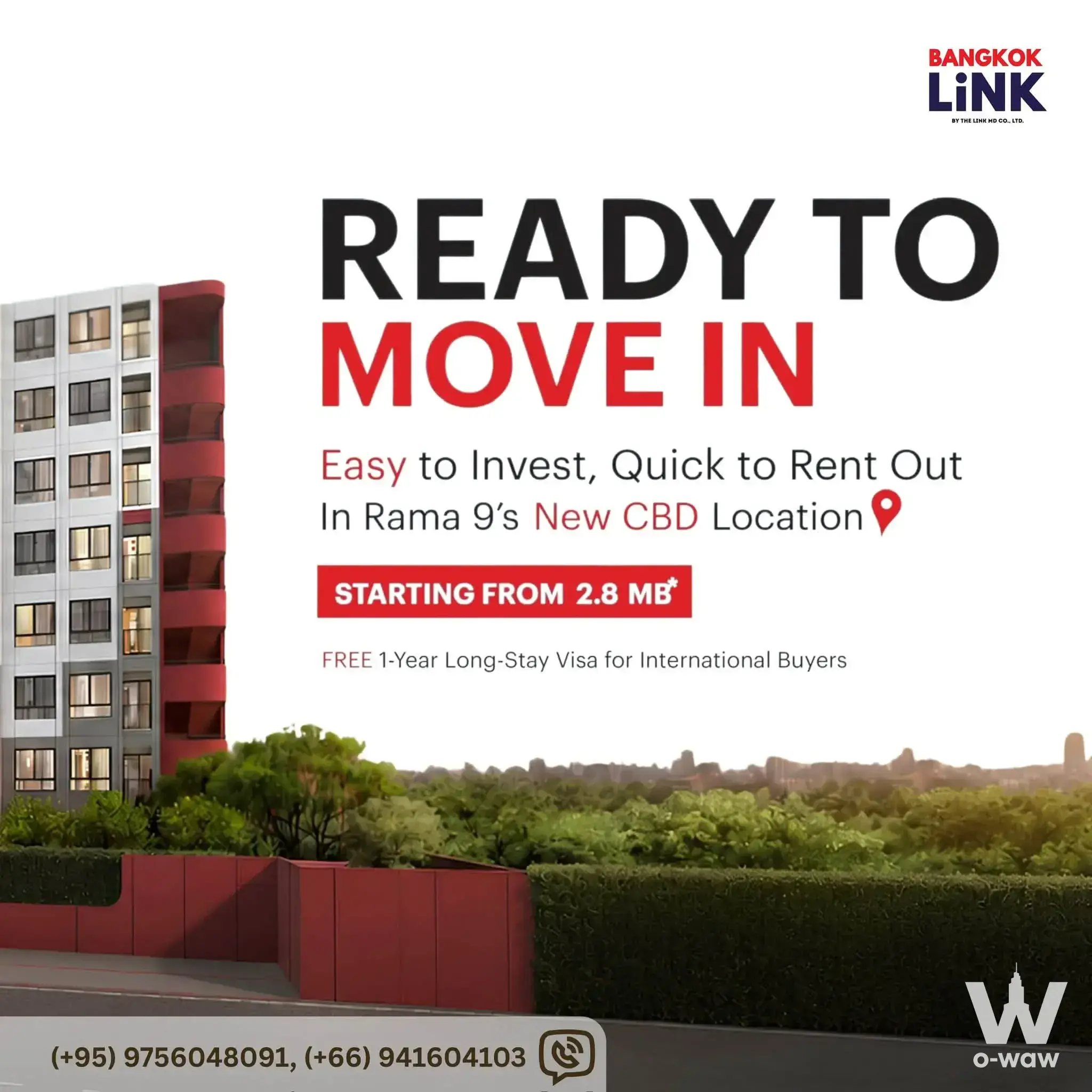 Modern condo exterior with red accents and lush landscaping for sale in Vay Rama9 Bangkok