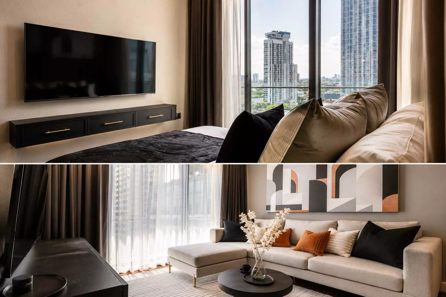 Modern 1-bed condo for rent in KHUN by YOO featuring floor-to-ceiling windows with city skyline views