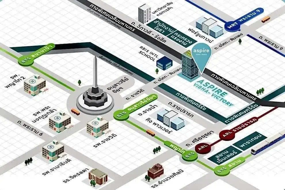 Aspire Vibha-Victory 1-bed condo location map showing BTS, MRT, and Victory Monument connectivity in Bangkok