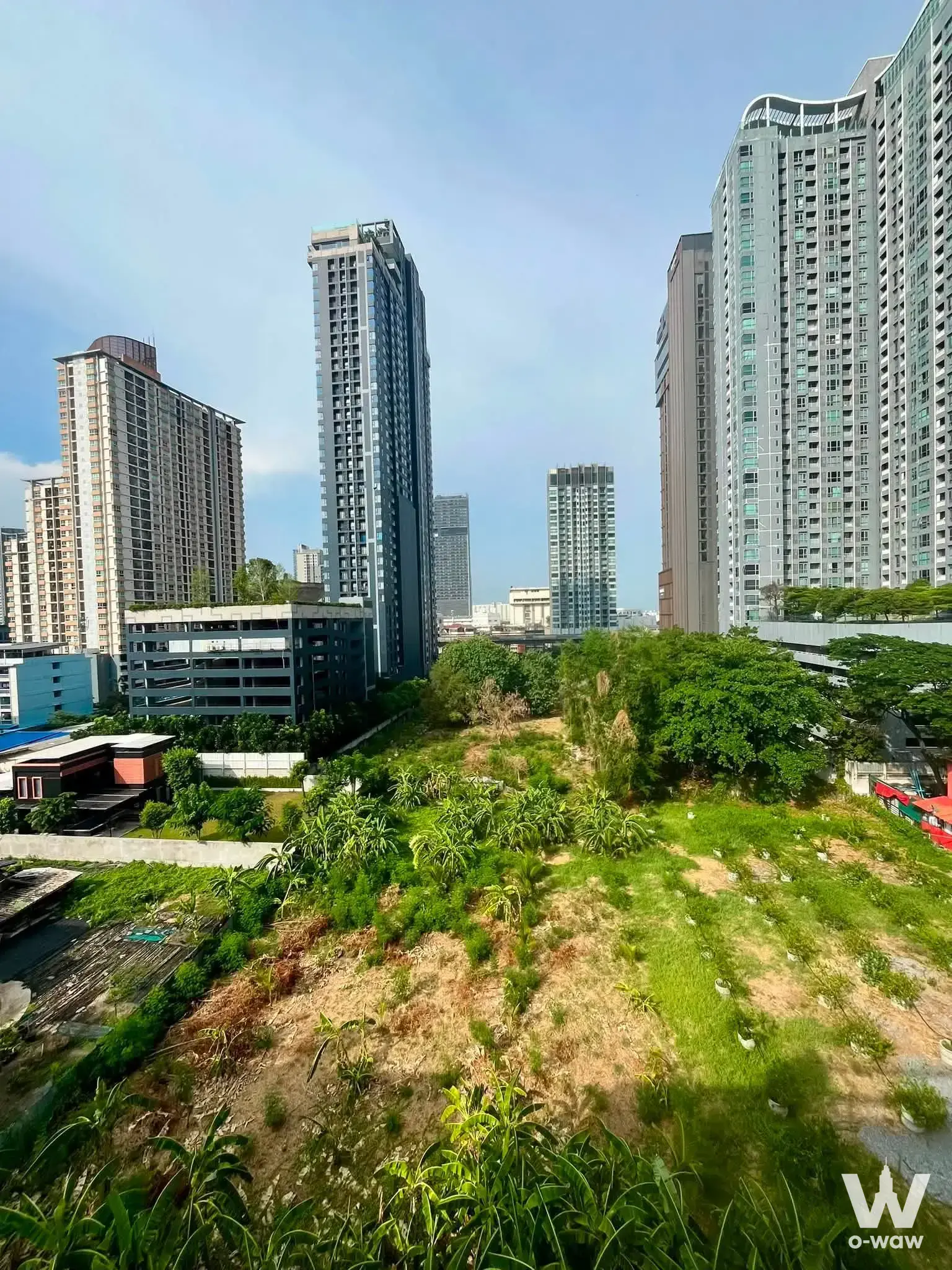 High-rise residential towers overlooking vacant land with scattered vegetation