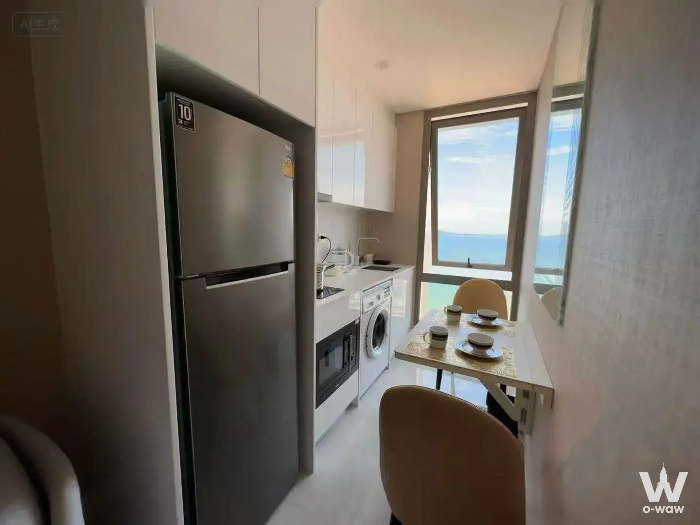 Modern galley kitchen with dining area and floor-to-ceiling windows overlooking the ocean horizon in a high-rise condo