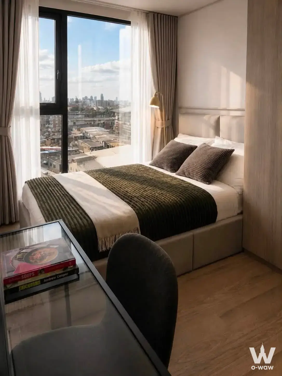 Modern 1-bed bedroom at Origin Play Bangkhunnon with city view, wood floors, and stylish decor