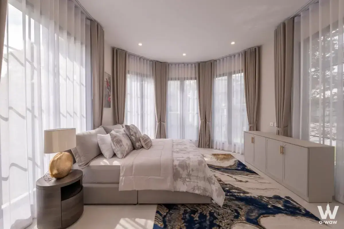 Spacious master bedroom with floor-to-ceiling windows and glossy tile floors in 4-bed house for rent in Narasiri Krungthep