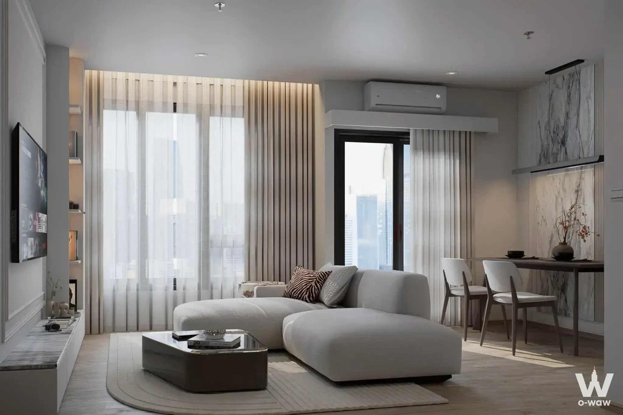 Luxury 2-bed condo living and dining area in Nue Riverest Ratburana with city skyline view