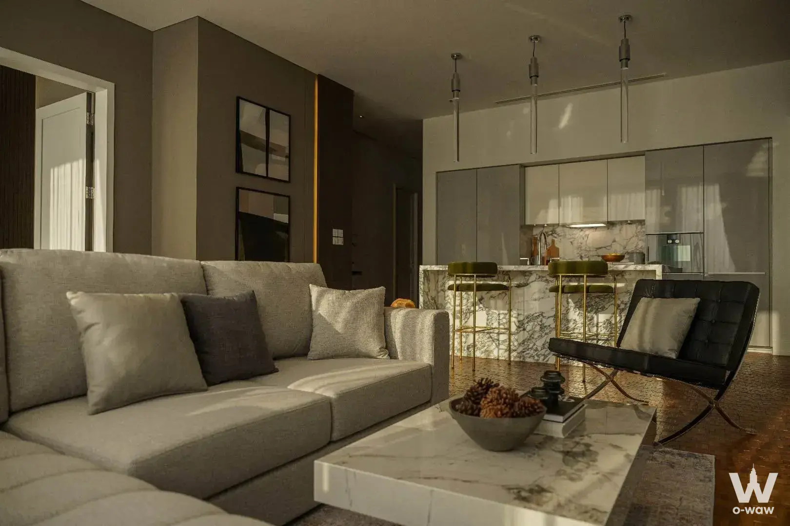 The Ritz-Carlton Residences Bangkok open-plan living room with marble island