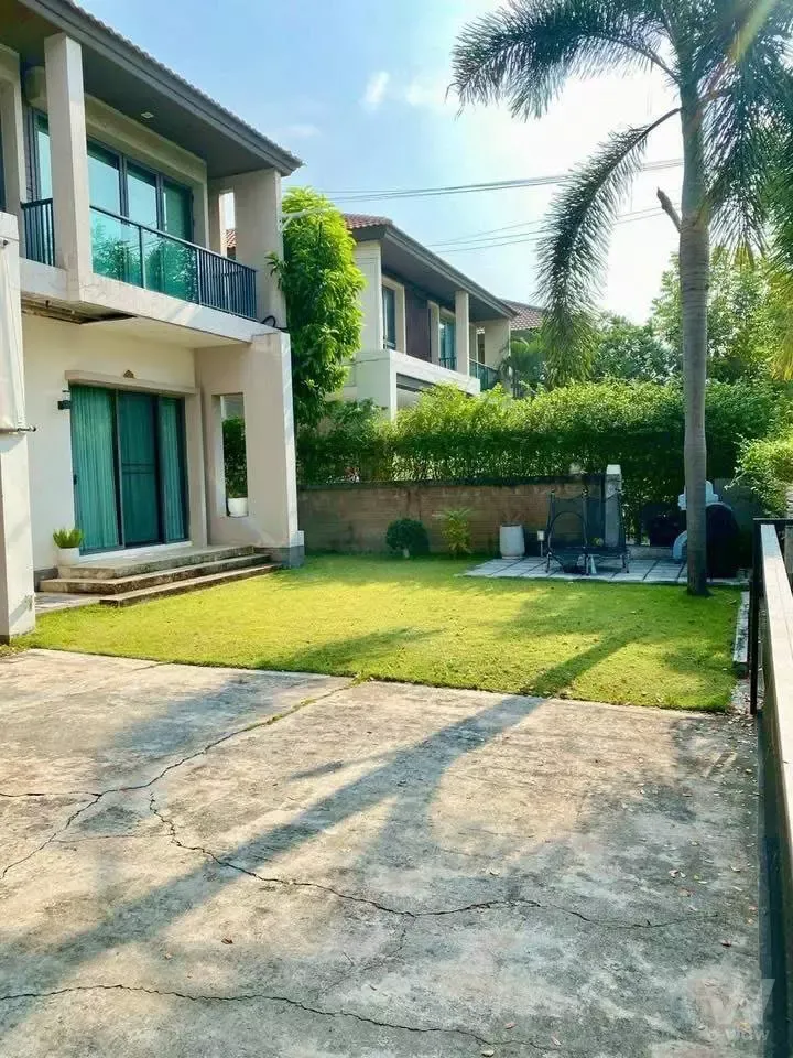 Modern townhouse exterior with manicured lawn, palm tree, and patio lounge in Habitia Orbit Hathairat