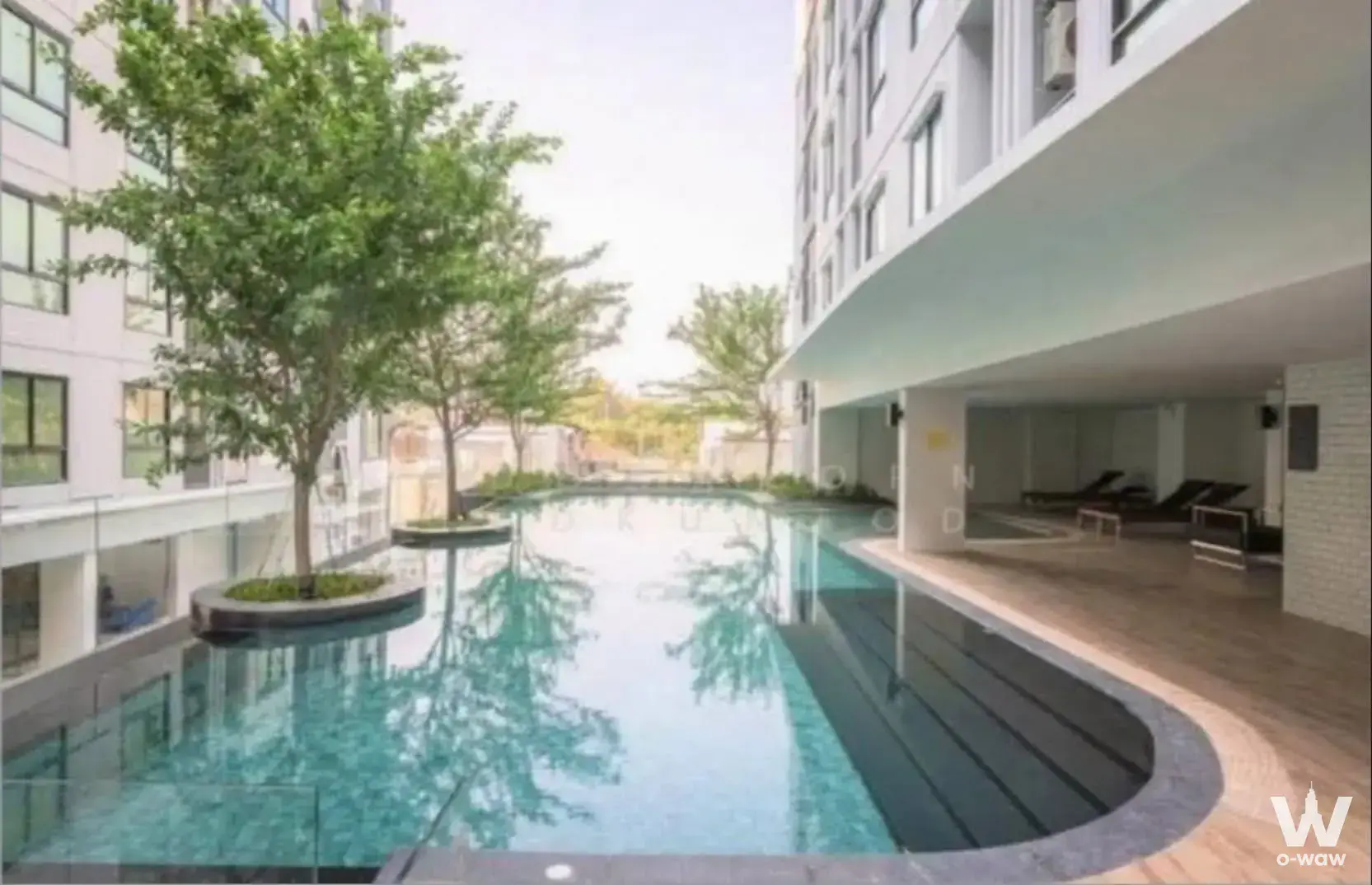 Curved lap pool with turquoise water and wood deck at Notting Hill Sukhumvit 105