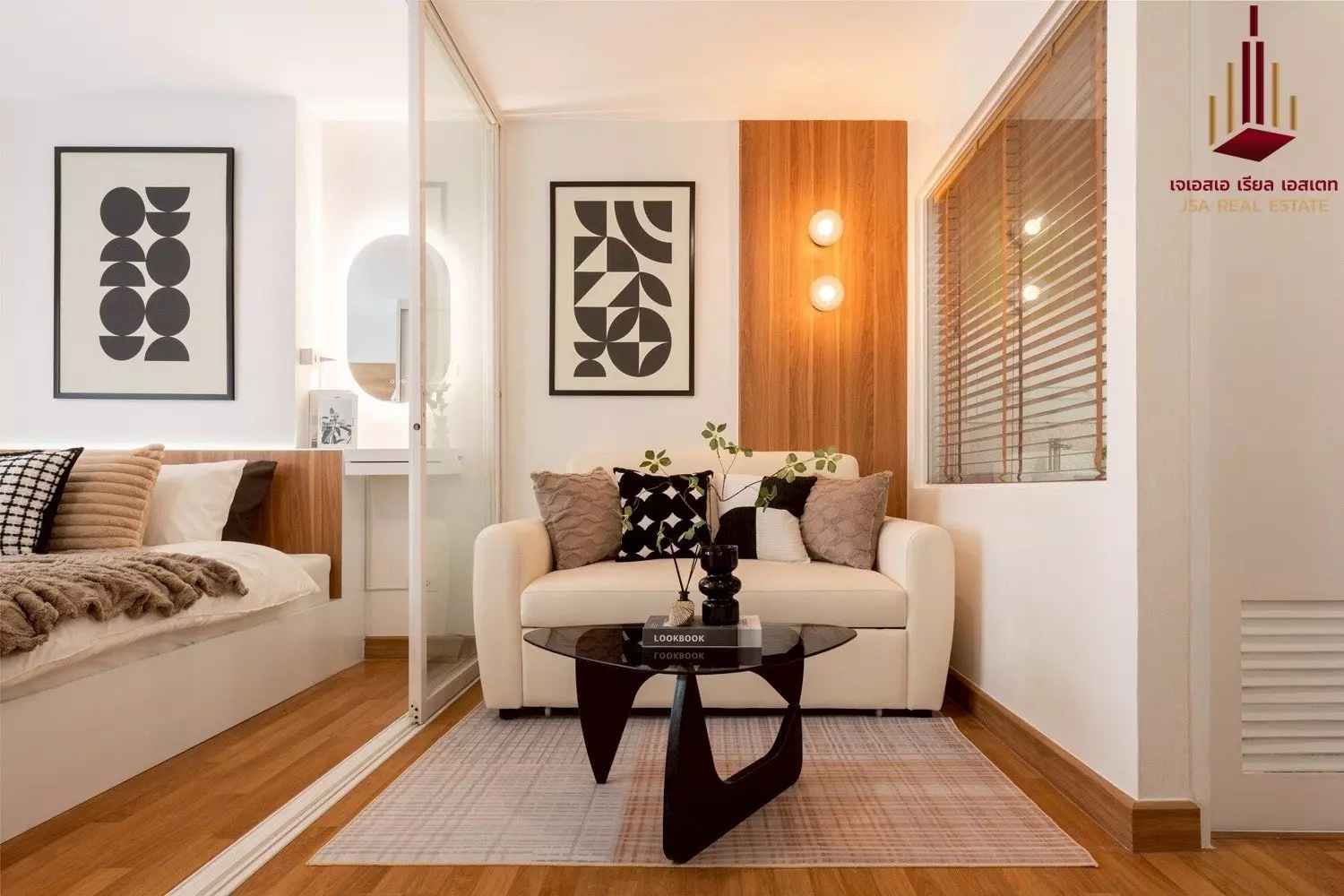 Modern 1-bed condo for sale in Grene Condo Suthisarn with light wood floors, built-in bed, and cozy seating area