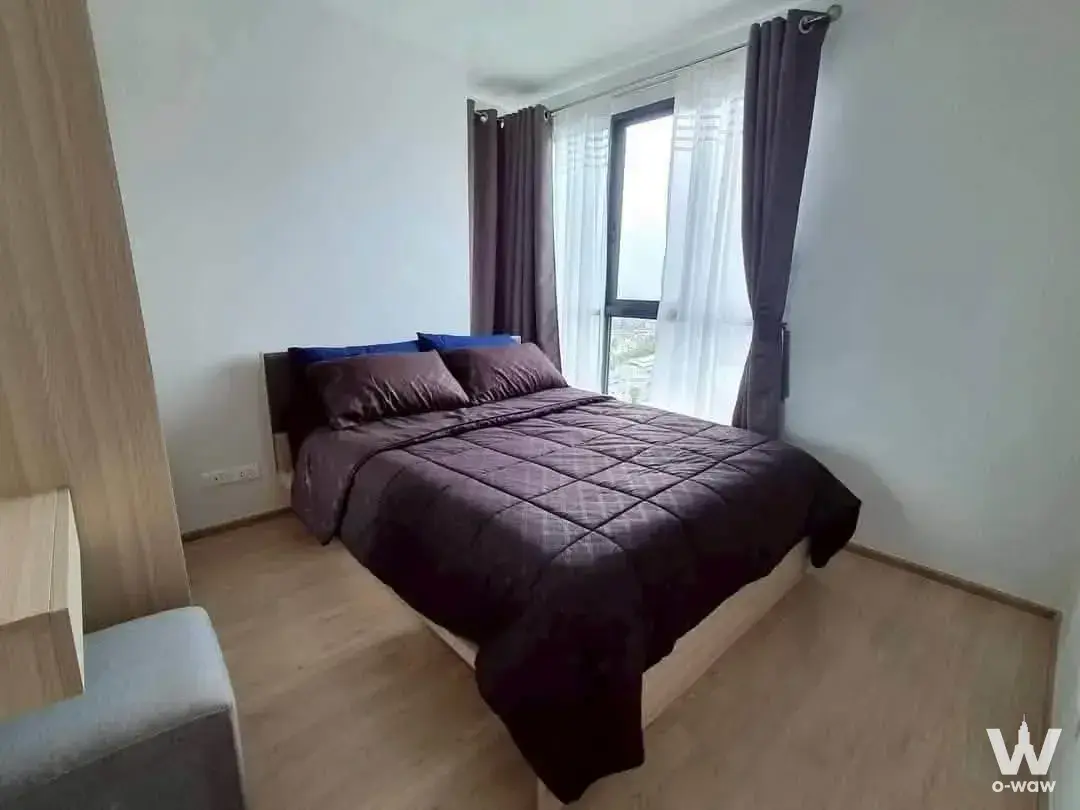 Modern bedroom in 2-bed Ideo O2 condo with queen bed, purple bedding, wood floors, and large window overlooking greenery