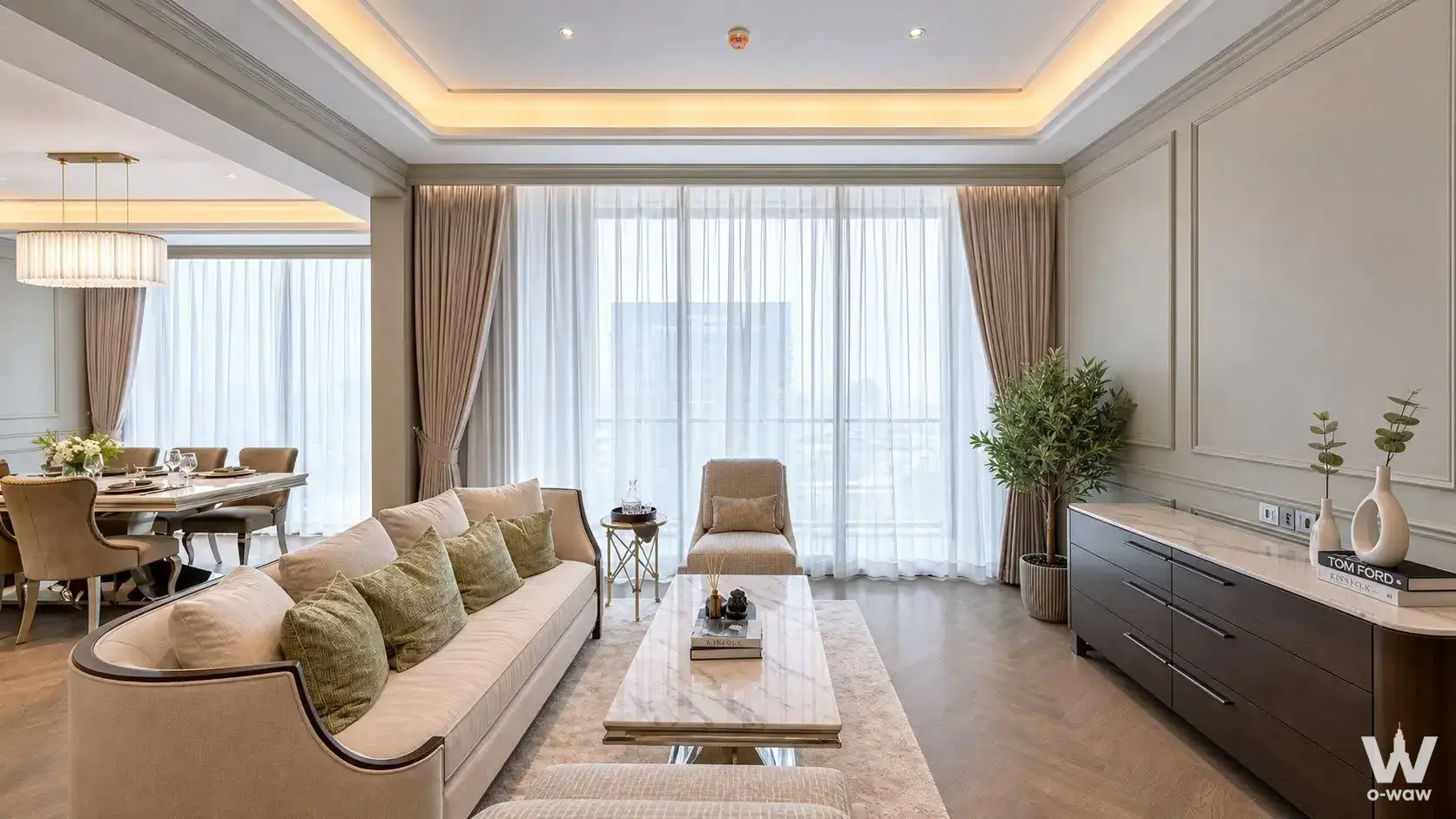 Cream sofa and marble coffee table in ONE89 Wireless 2-bed condo living room