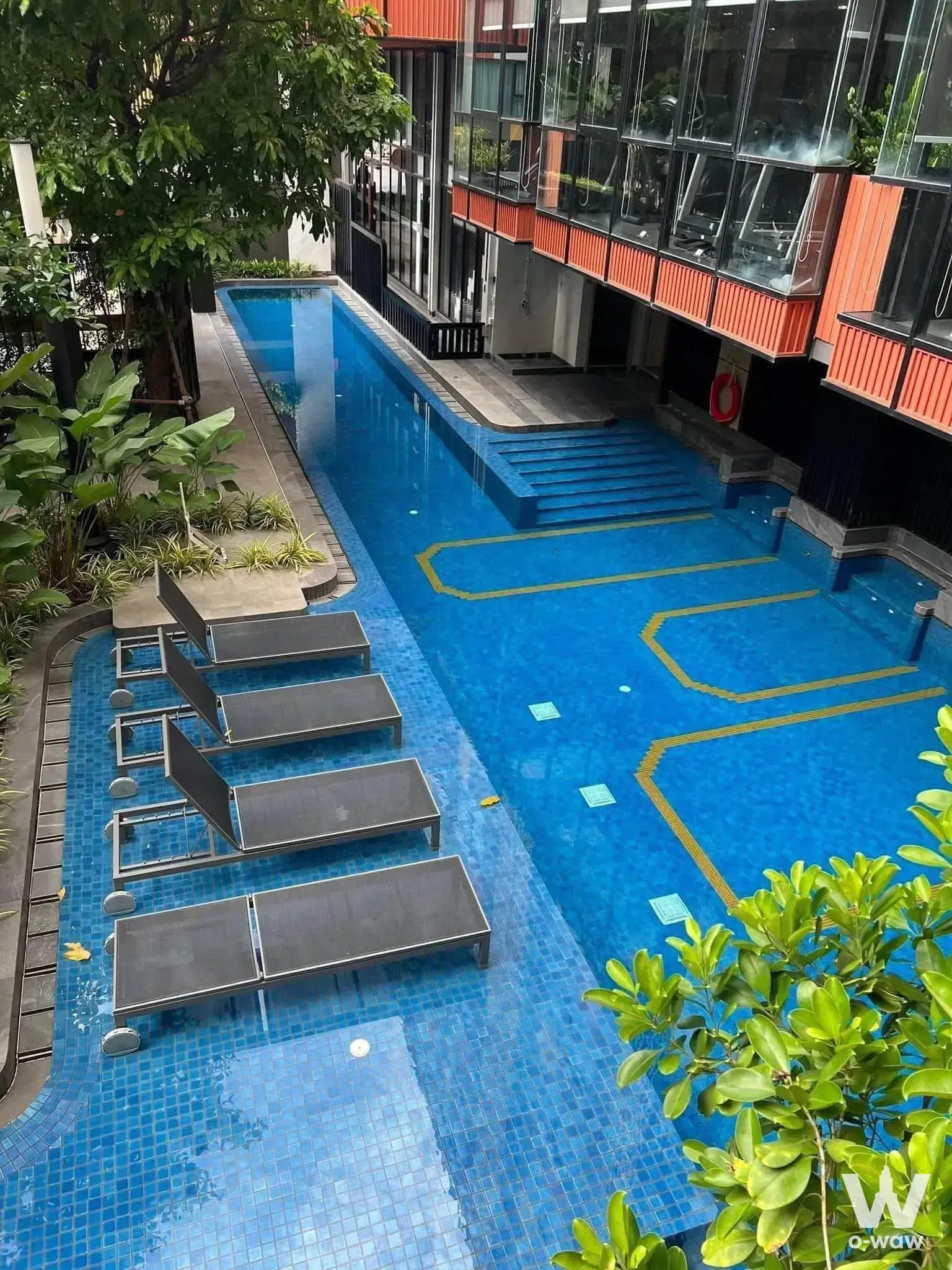L-shaped pool with blue tiles and sun loungers at Plum Condo Sukhumvit 97.1 near tropical landscaping