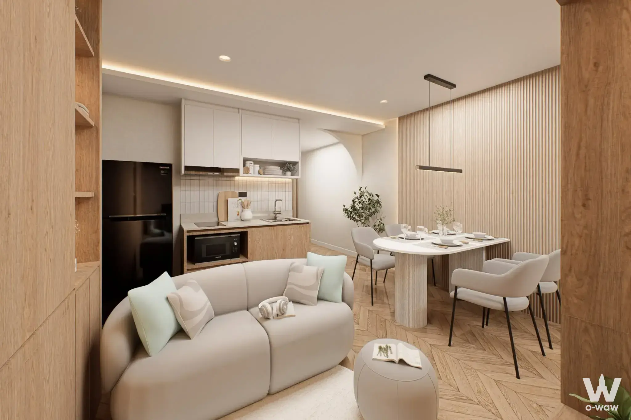 2-bed condo for sale in The Trio Garden open-plan living area with herringbone floors and Japandi style