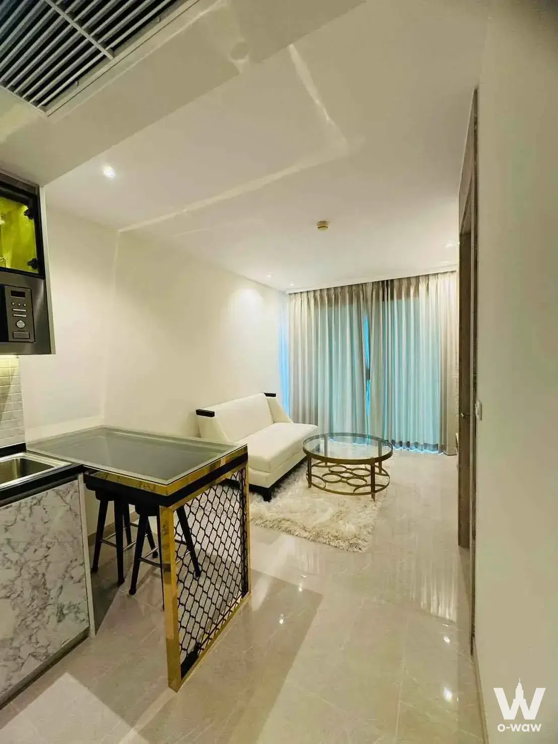 Open-plan living room with gold accents in The Riviera Monaco, a 1-bed condo for rent