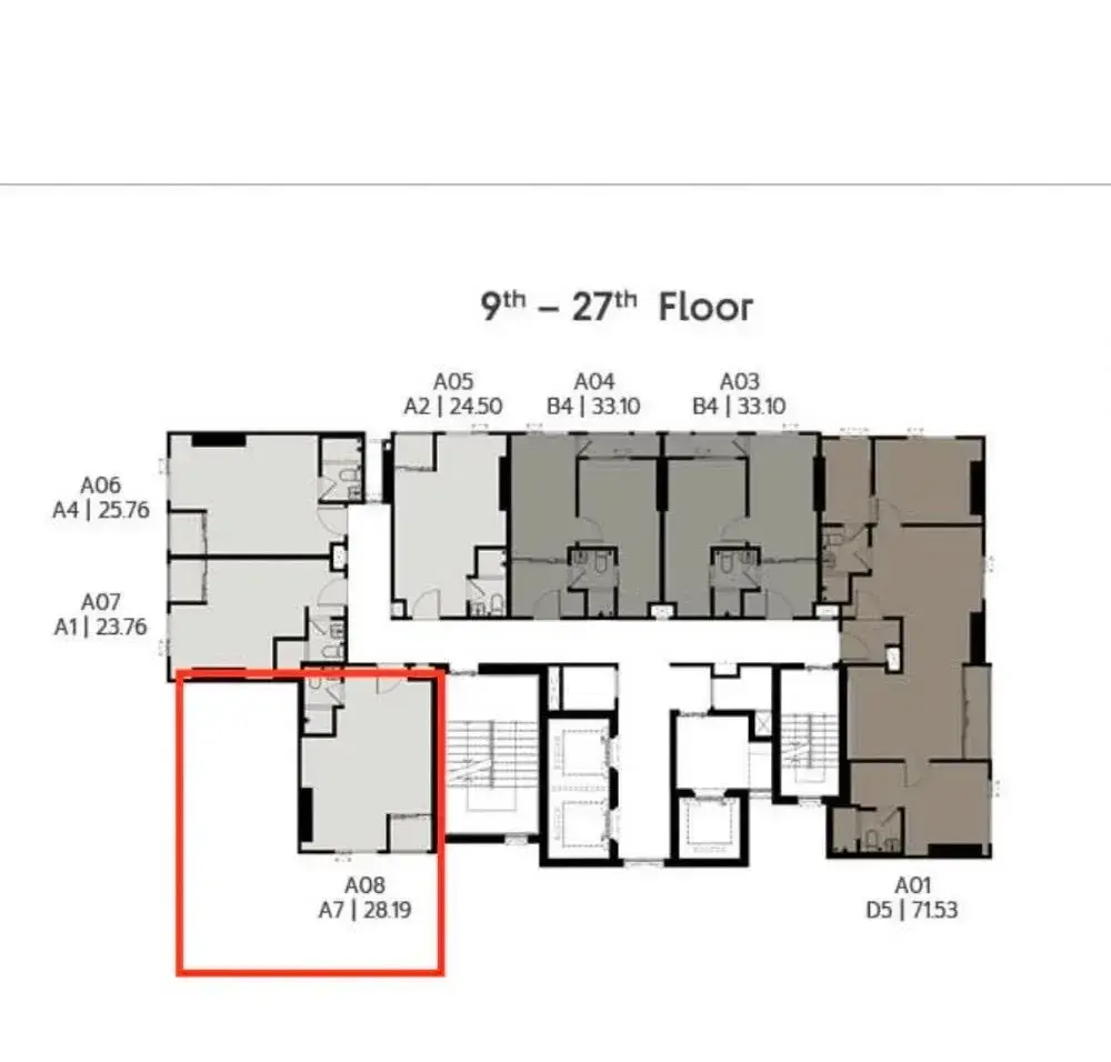 Floor plan highlighting unit A08 layout for COBE Ratchada-Rama 9 condo sale