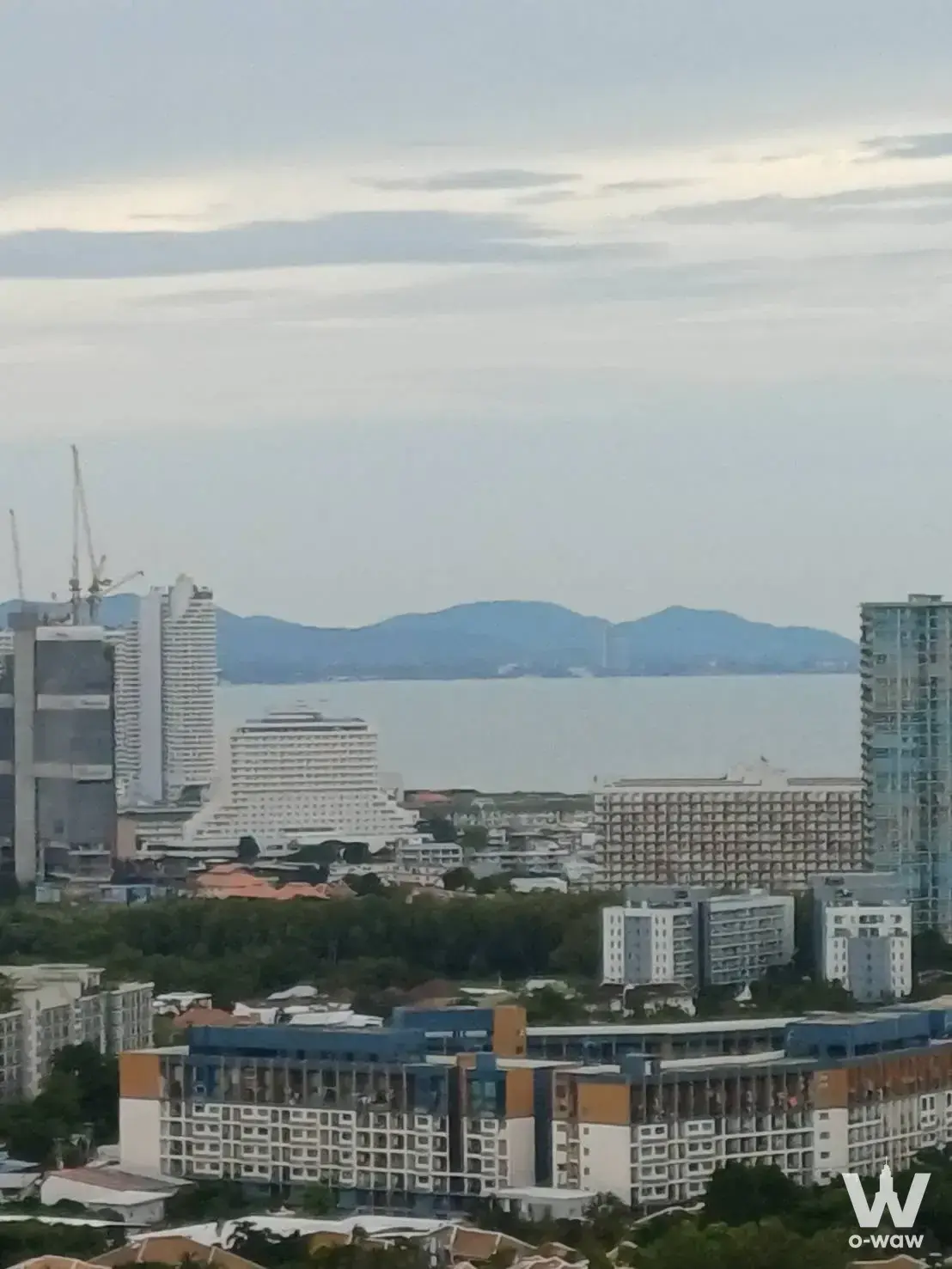High-angle exterior view showing mid-rise rooftops, green trees, a docked white cruise ship, and distant mountains under an
