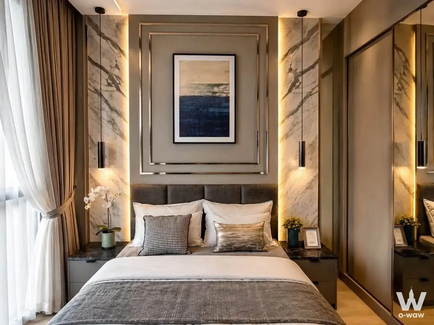 Luxury master bedroom with feature wall in THE EXTRO Phayathai-Rangnam
