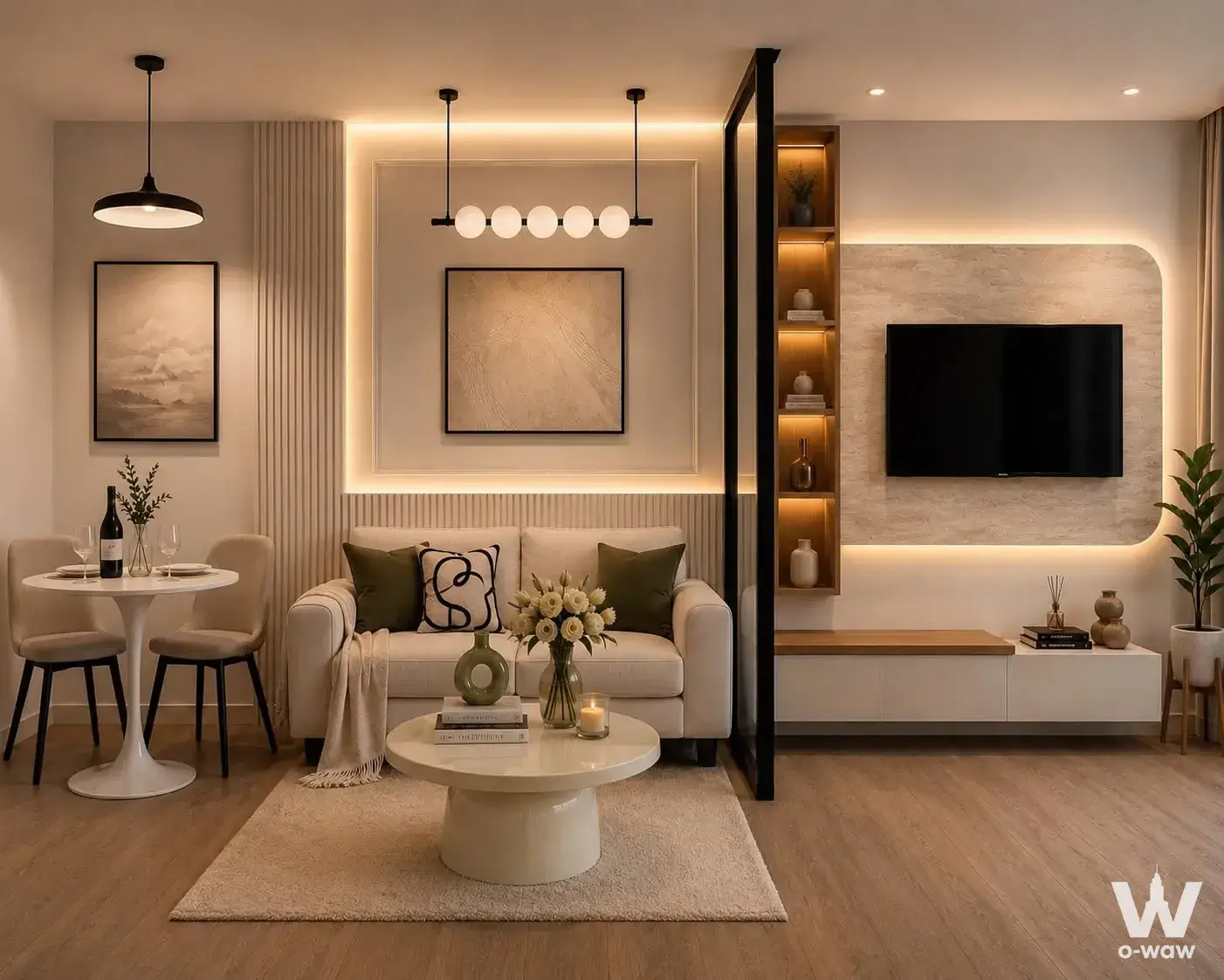 Open-plan living and dining area with warm lighting for Phraya Phirom Condominium