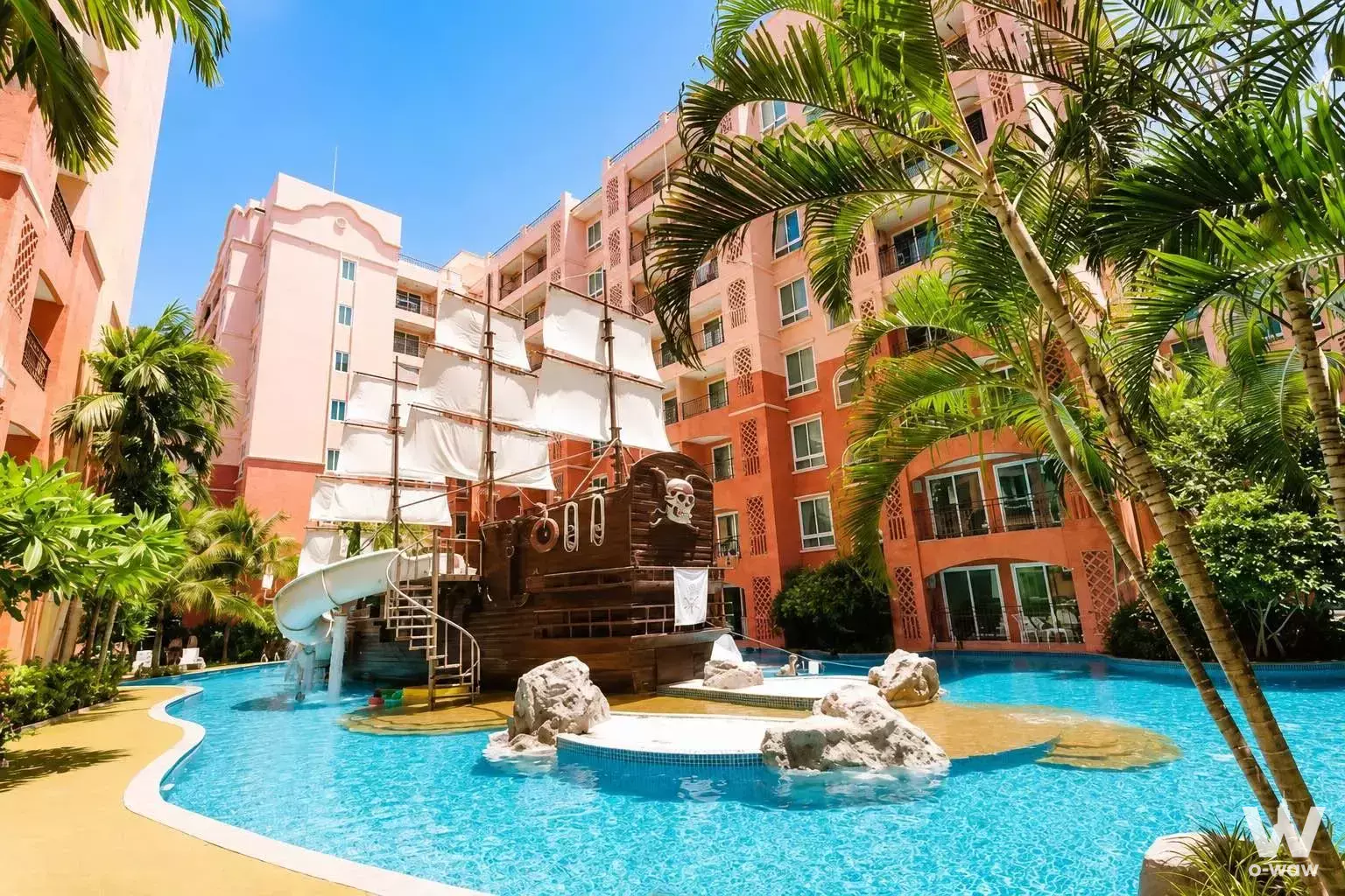 Pirate ship slide in turquoise pool at Seven Seas Condo Resort Jomtien 2-bed condo for sale