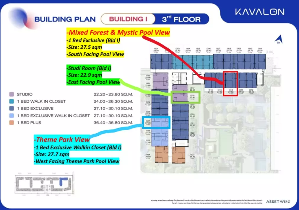 3rd floor building plan showing unit layouts and views at Kavalon Sales Gallery