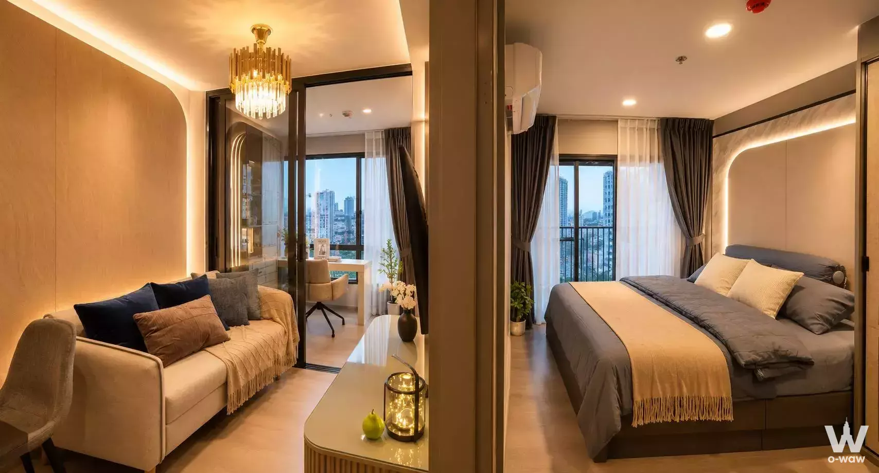 Open-plan studio with beige sofa, glass divider, and city views in Aspire Onnut Station condo