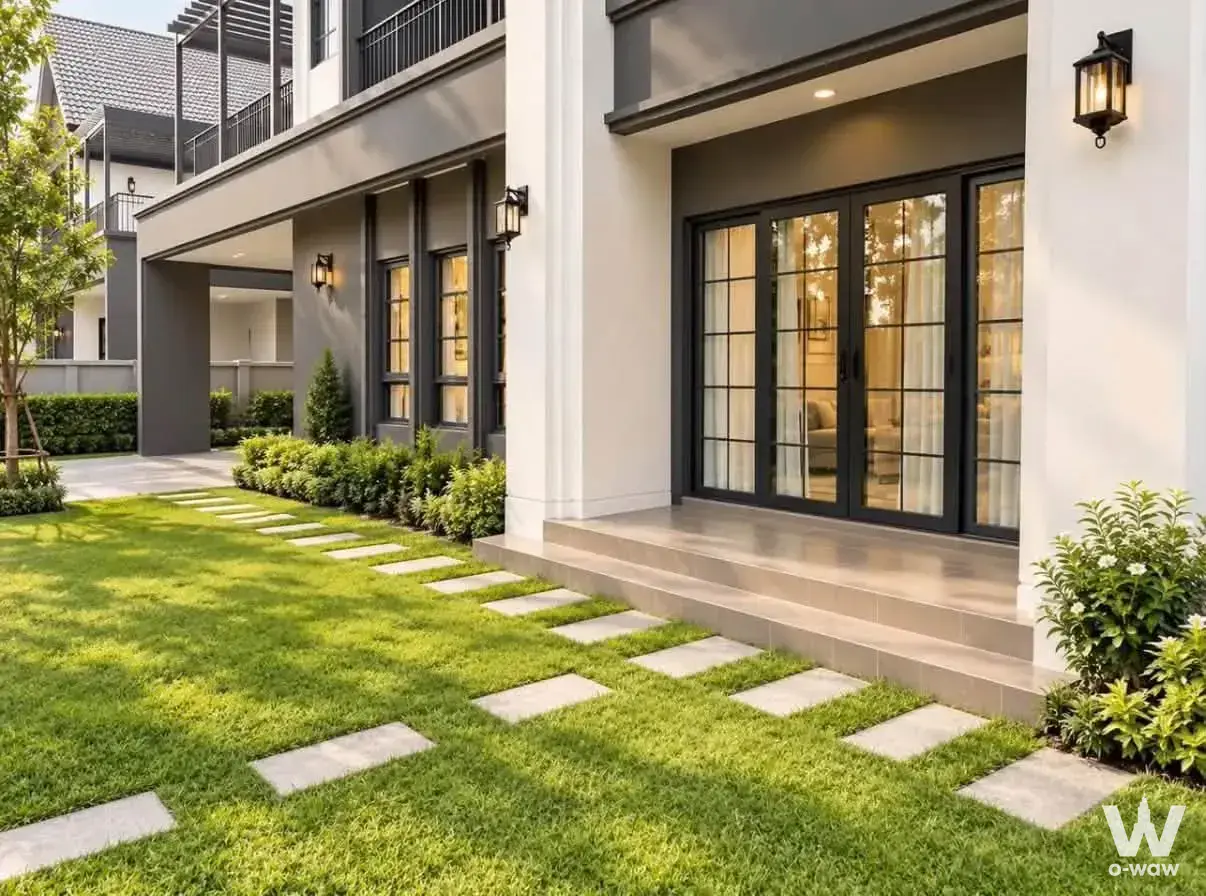 Centro Bangna Phase 2 townhouse exterior featuring green lawn, stone path, and French doors
