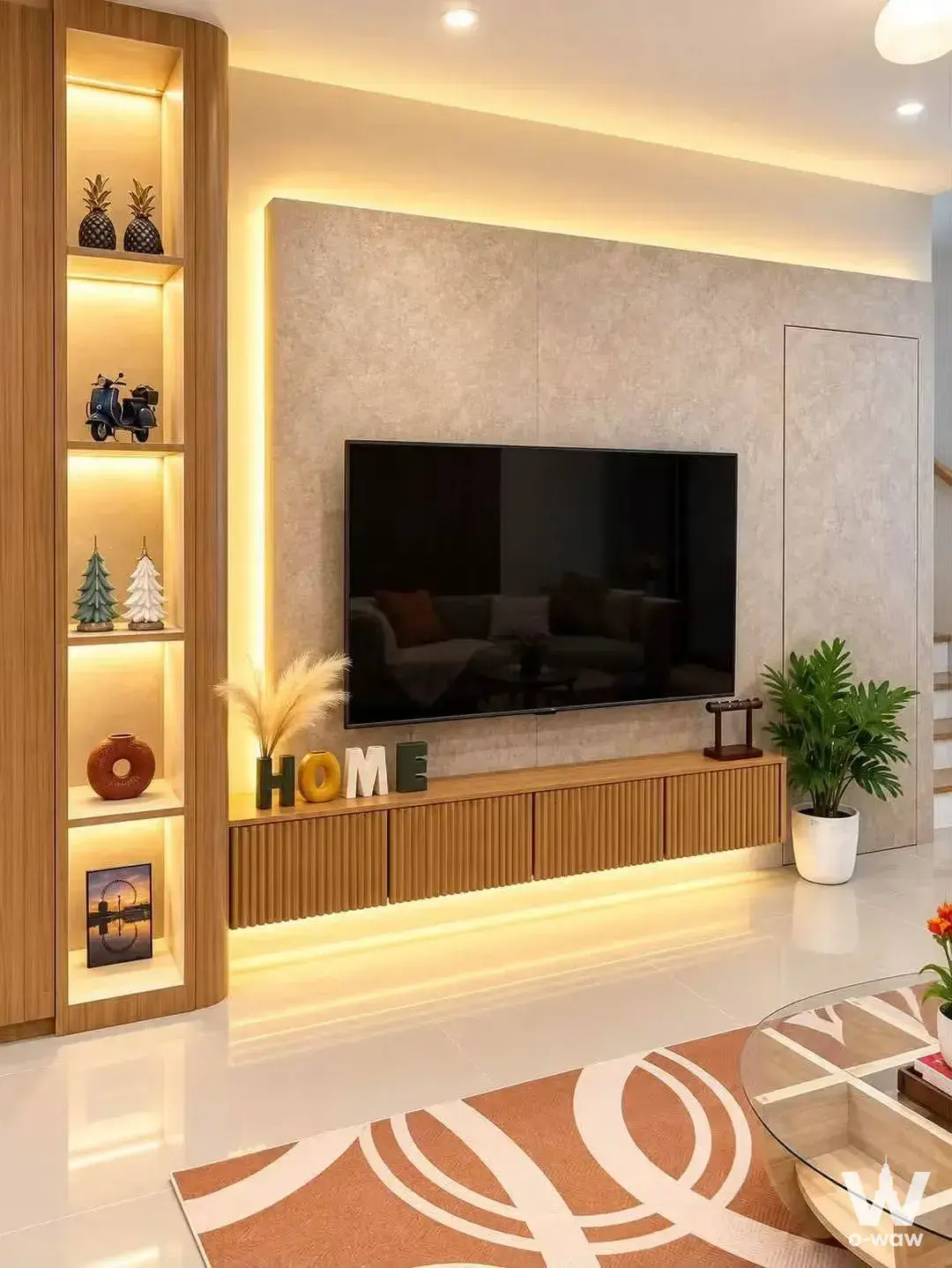 Pleno Sukhumvit-Bangna living room with textured stone wall, floating media console, and warm LED lighting