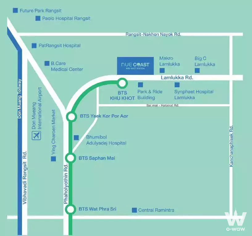 Location map showing Nue Coast near BTS Khu Khot station with nearby amenities and transit routes