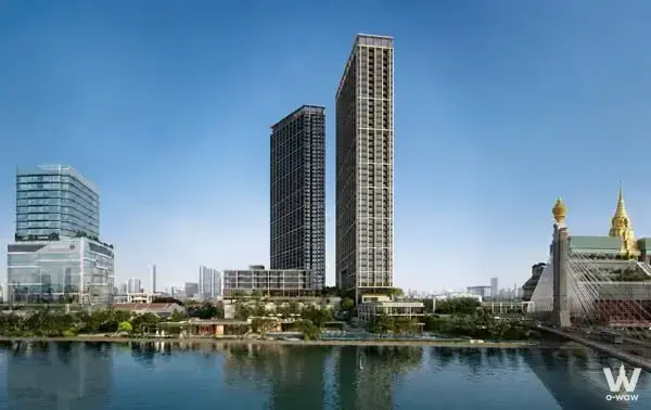 Riverfront high-rise towers with traditional Thai architecture details at Reference BAIE River Bangpho
