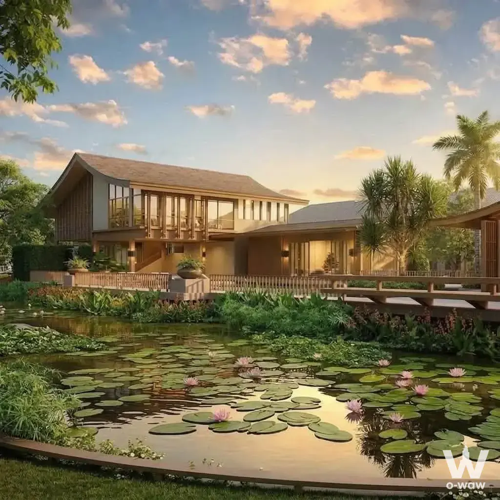 0-bed house for sale in Burasiri Well Bangkok showcasing a tropical villa with lily pond and lotus flowers