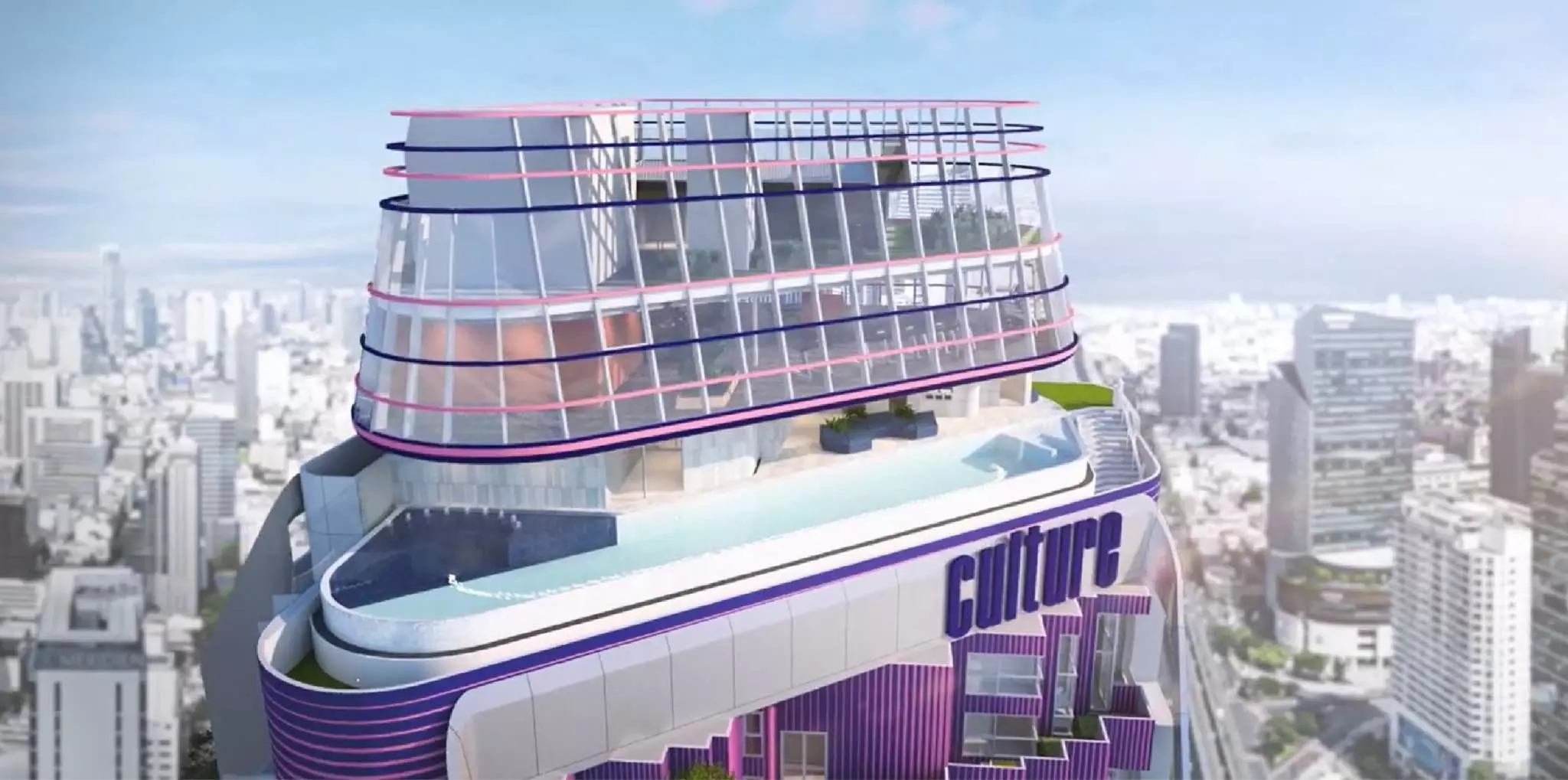 Culture Chula rooftop infinity pool deck with pink and navy glass structure overlooking Bangkok skyline
