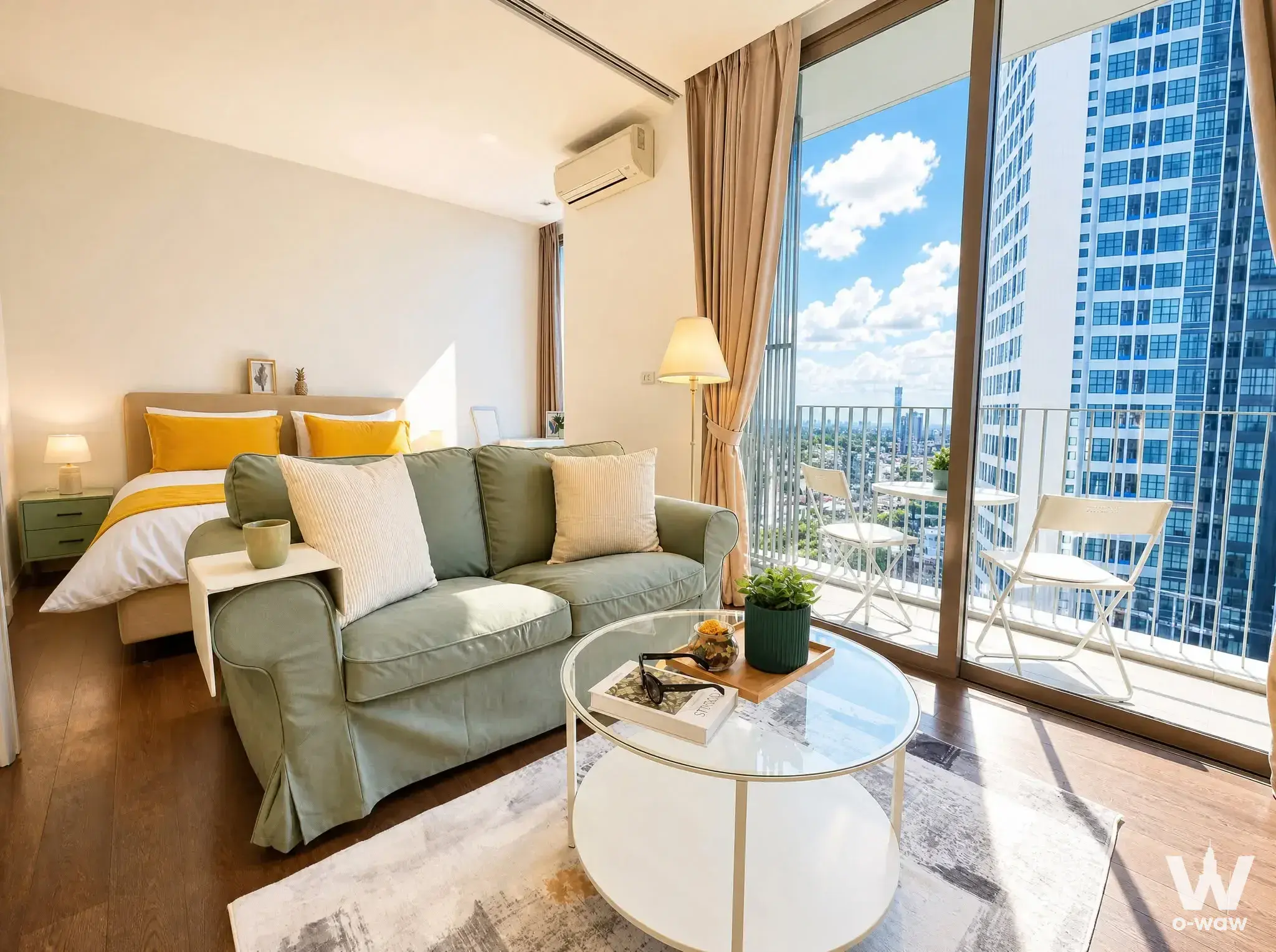 Bright studio apartment with balcony city skyline view in a 1-bed condo for rent at Nara 9 by Eastern Star