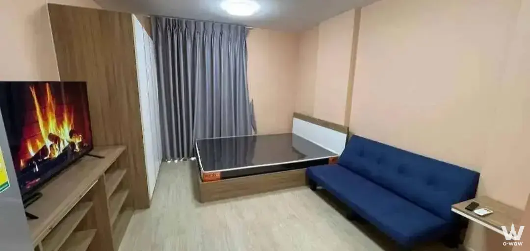 Compact Elio Sukhumvit 64 studio featuring a wood platform bed, blue tufted sofa, and open shelving unit