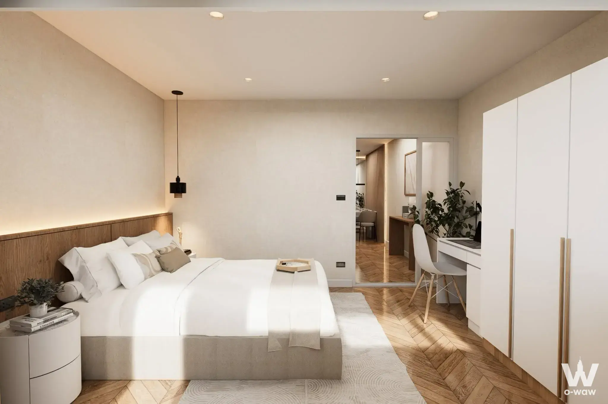 Master bedroom with LED headboard, herringbone floors, and built-in wardrobe in The Trio Garden