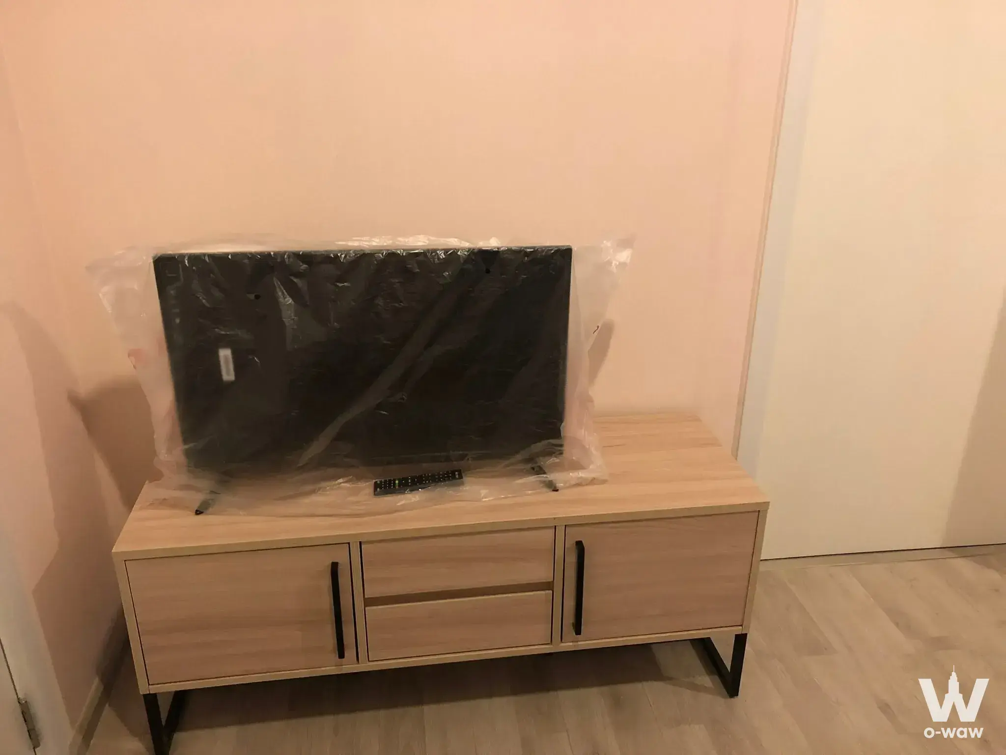 Light-oak TV console with black hairpin legs in the living room of a 1-bed condo for rent at Plum Condo Central Station