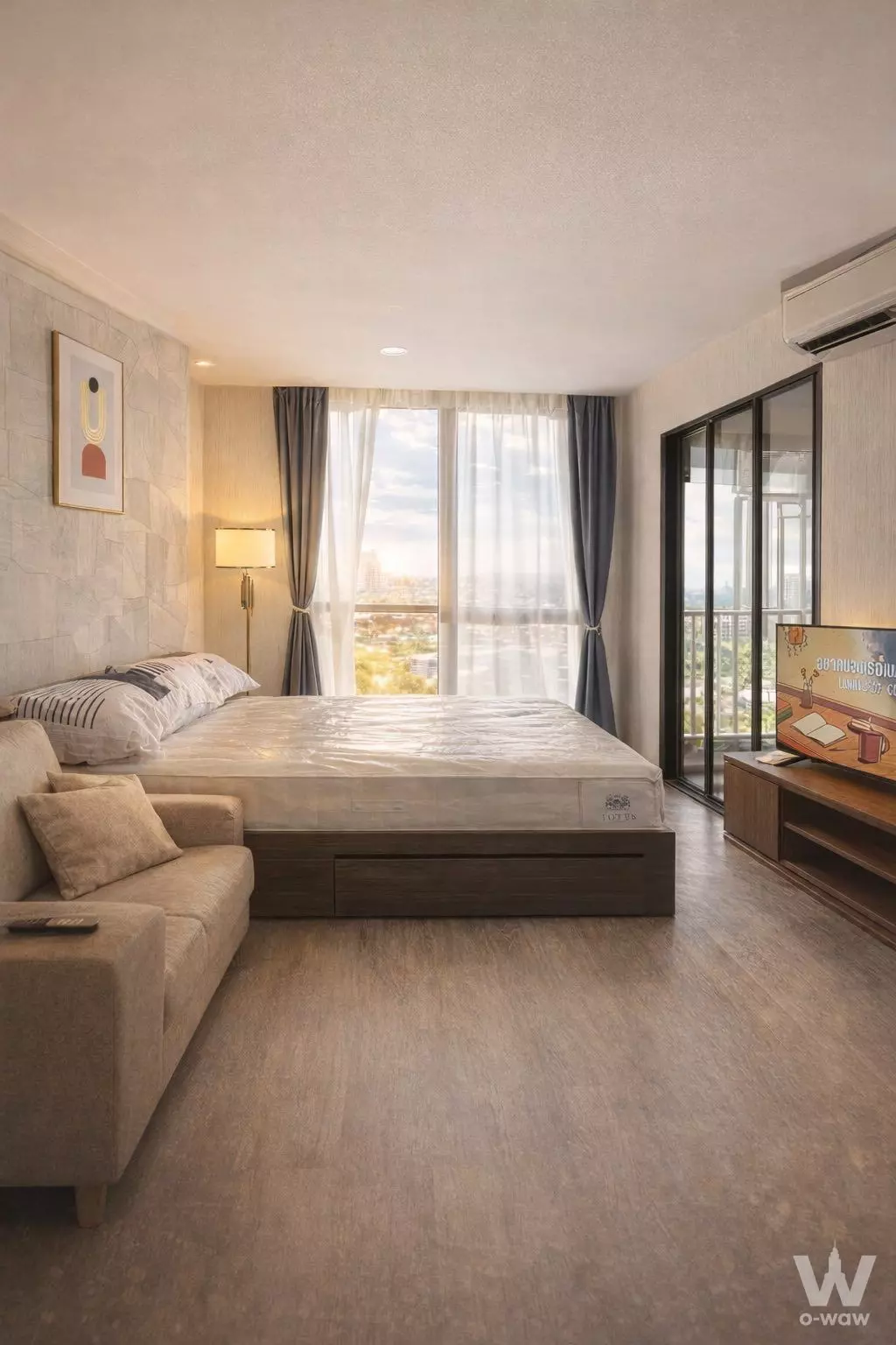 Bedroom for sale in The Origin Ladprao-Bangkapi with feature wall, queen bed, and city skyline view