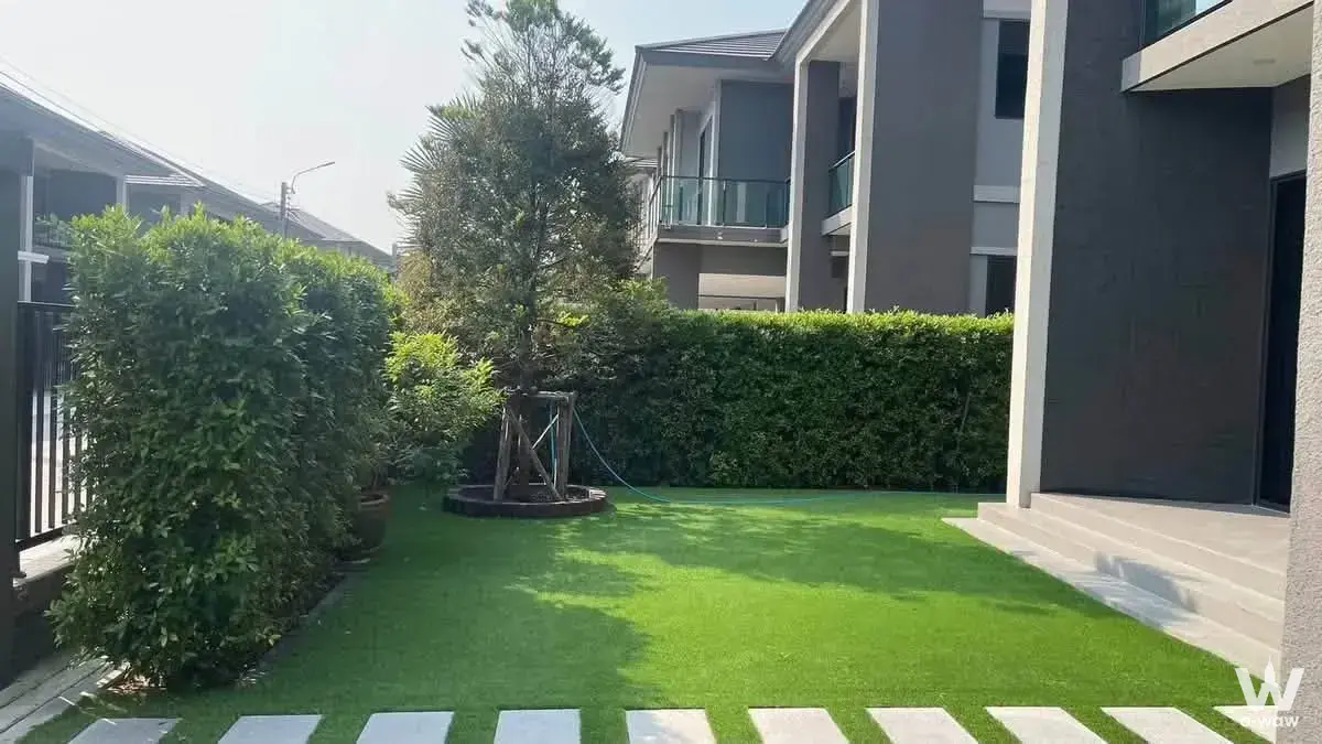 4-bed house backyard in The Palm Bangna-Wongwaen with artificial turf, stone pavers, and pine tree