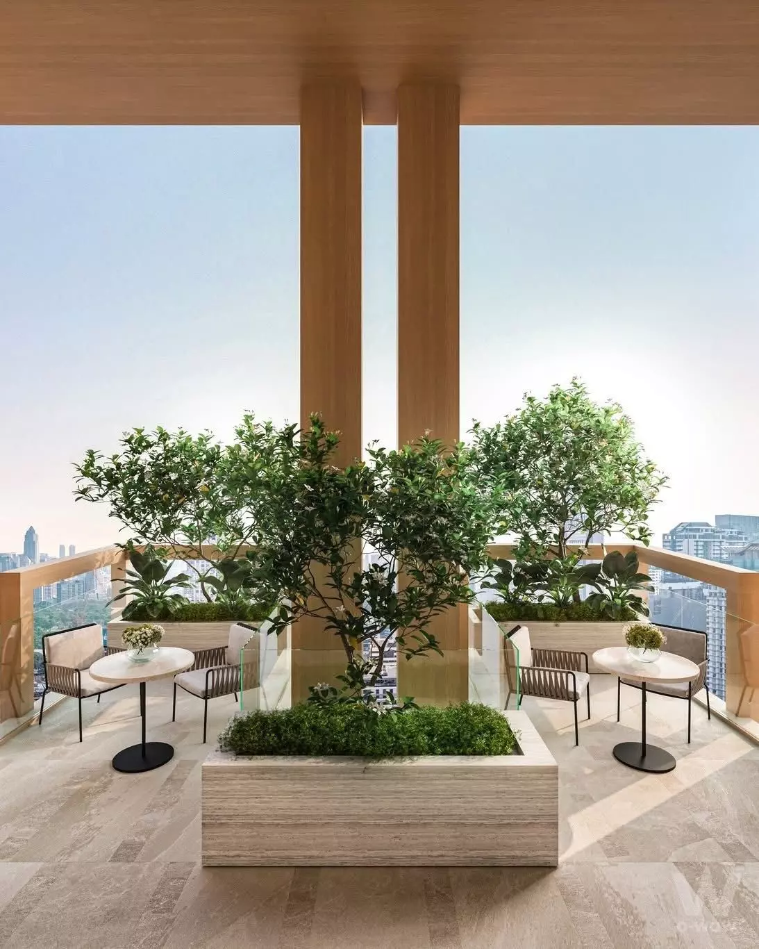 Rooftop terrace at ROMM CONVENT with wooden columns, stone planters, and city skyline views