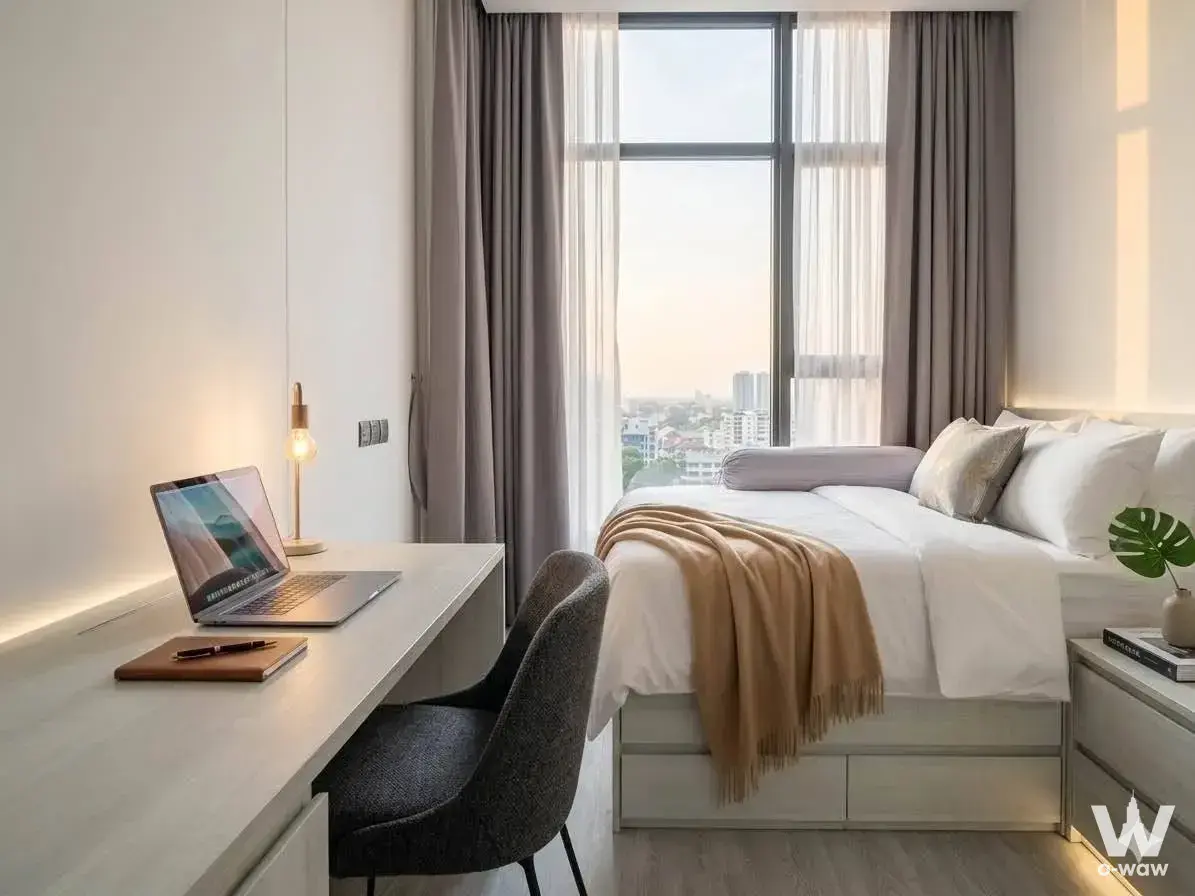 Stylish bedroom in THE LINE Sukhumvit 71 with platform bed, desk, and high-floor city view