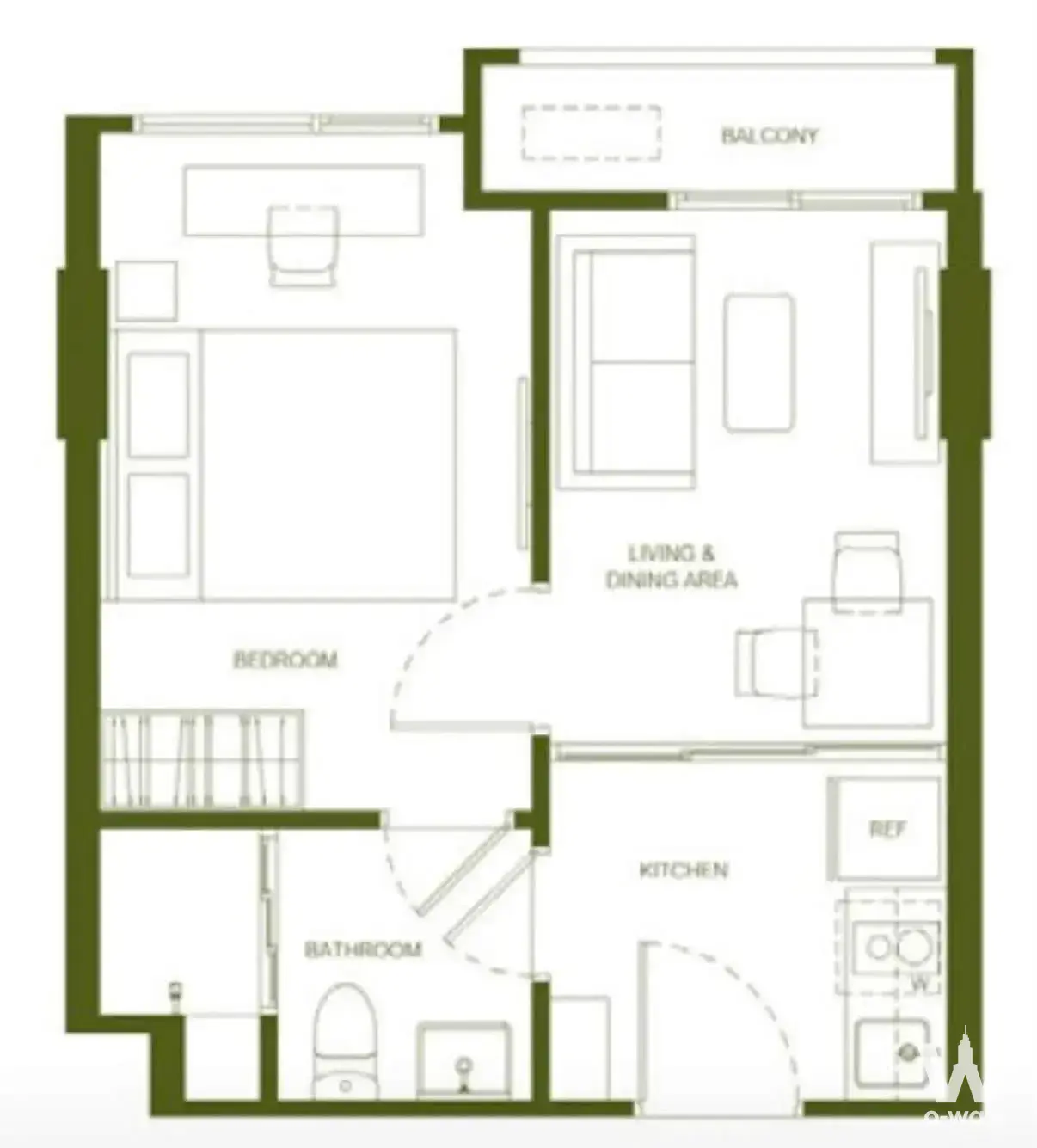 Floor plan for a 1-bed condo at The Base Ratchada 19 detailing bedroom, open living area, kitchen and attached balcony layout