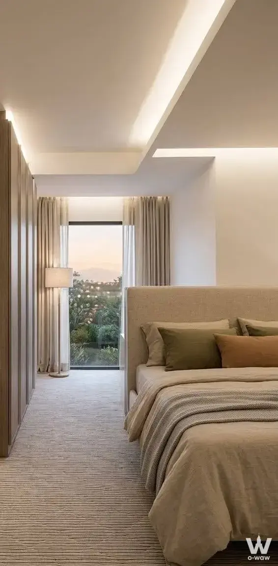 Master bedroom in a 2-bed condo at Elements Srinagarindra featuring wood paneling and a balcony view