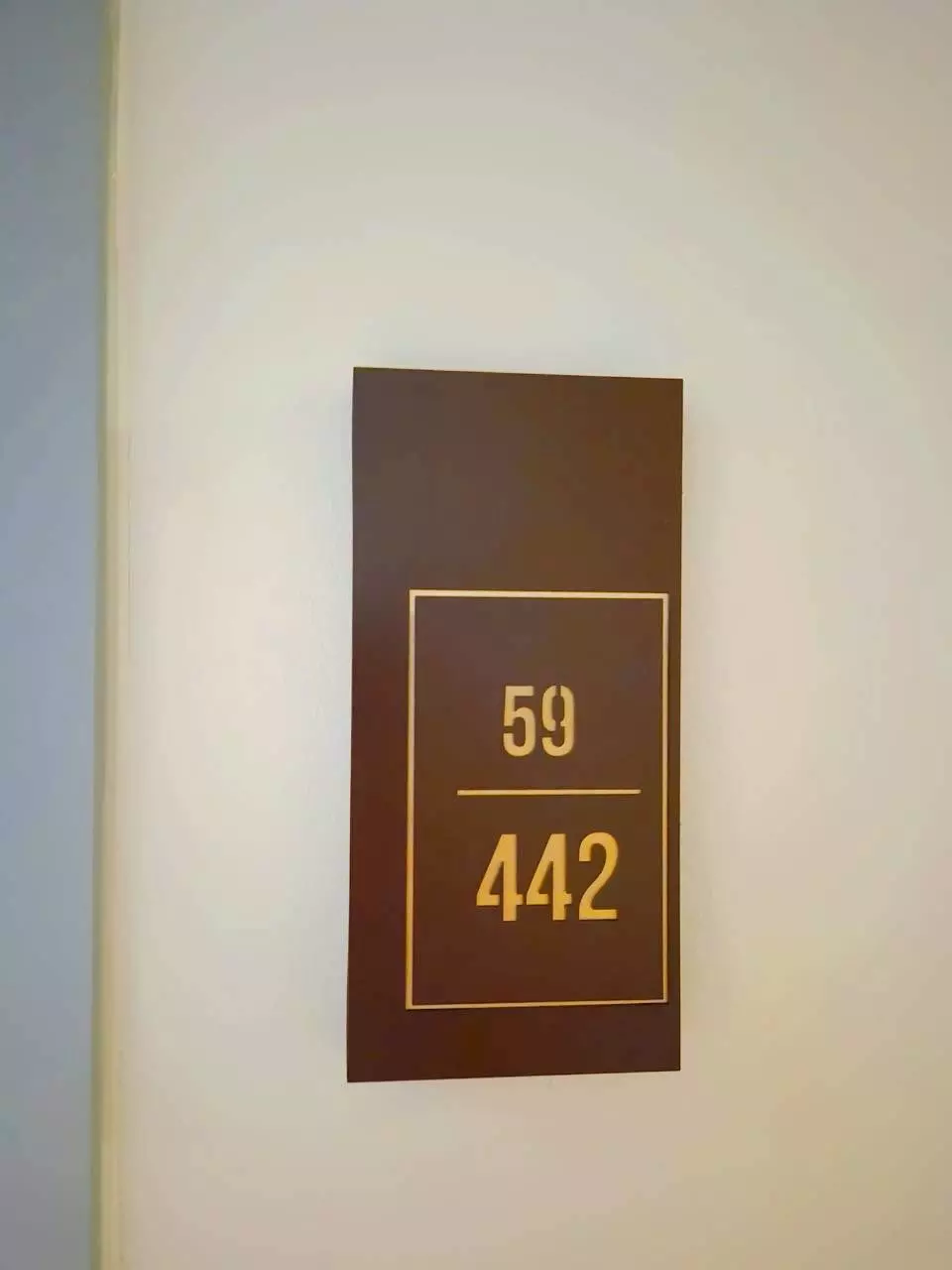 Close-up of a bronze plaque with gold numerals 59 and 442 on the off-white corridor wall of this Chewathai Pinklao condo