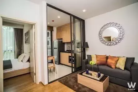 Grey sofa with colorful pillows and glass partition in a compact studio apartment for sale at HASU HAUS