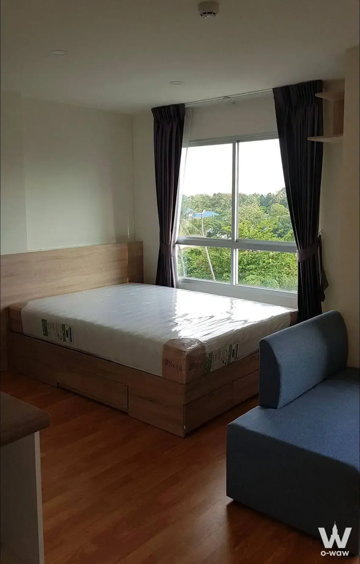 1-bed condo for rent in Lumpini Ville Pranangklao - Riverview bedroom with light oak bed frame and lush green tree view