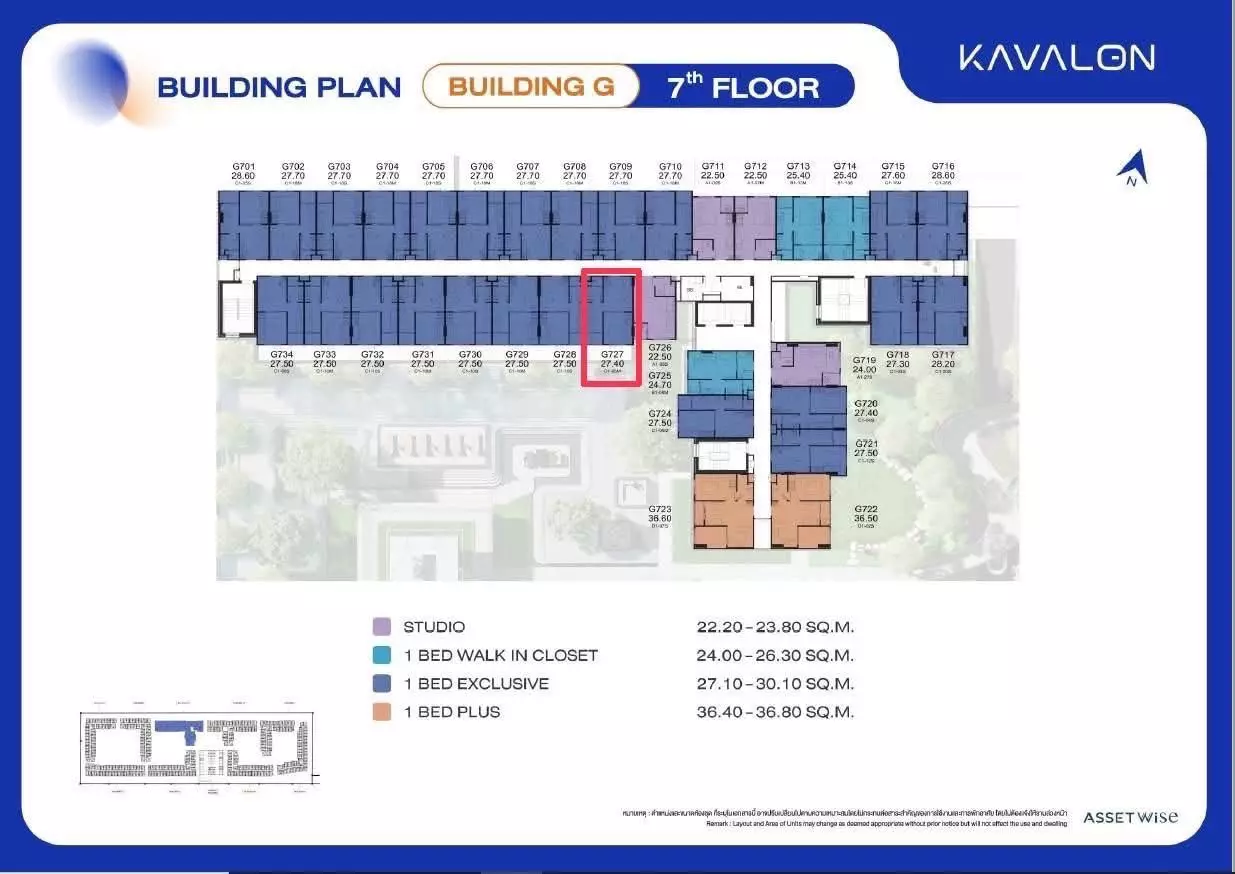 Floor plan for unit G727 at Kavalon showing a 27.4 sqm one-bedroom exclusive layout on the seventh floor