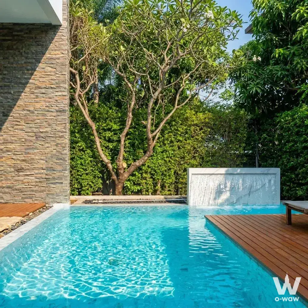Beverly Hills Chaengwattana villa pool with waterfall and teak deck