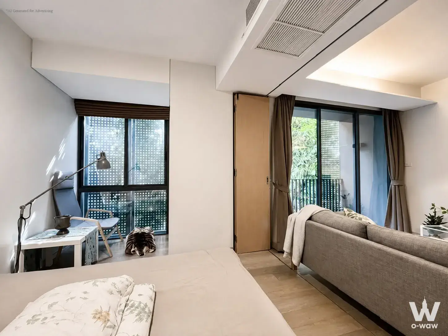 Furnished bedroom-living combo in Siamese Gioia condo with balcony access to greenery
