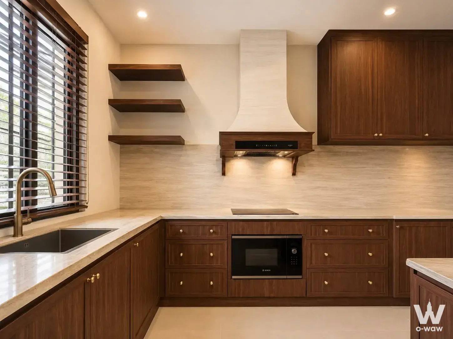 Modern kitchen in a 3-bed Grand Bangkok Boulevard condo featuring dark walnut cabinets, marble counters, and greenery views