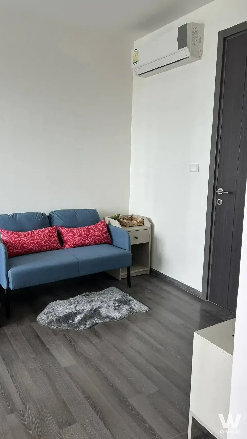 Living room in a 1-bed Base Park East condo featuring a blue sofa, red pillows, and a shaggy rug